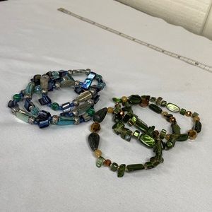 Double set of 3 each blue green stretch bracelets